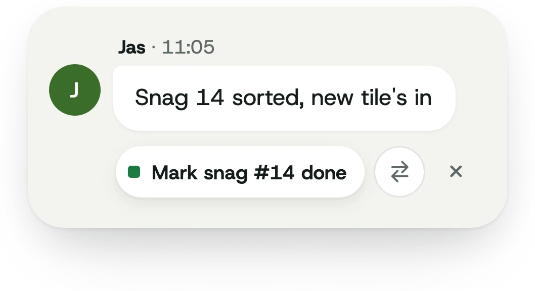 Real BRCKS Chat screenshot showing the Mark snag 14 done action beneath a message