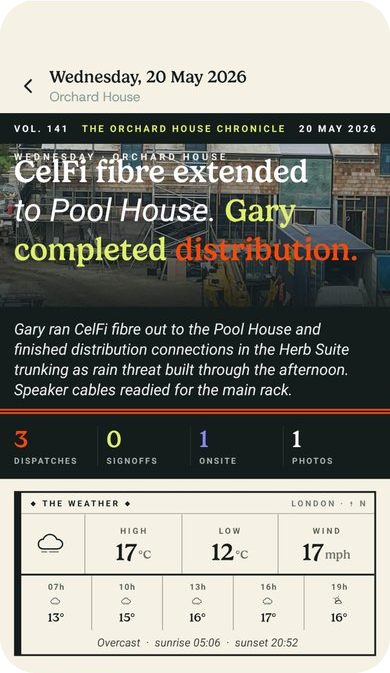 Real BRCKS site diary screenshot for Orchard House showing the dated update and weather section